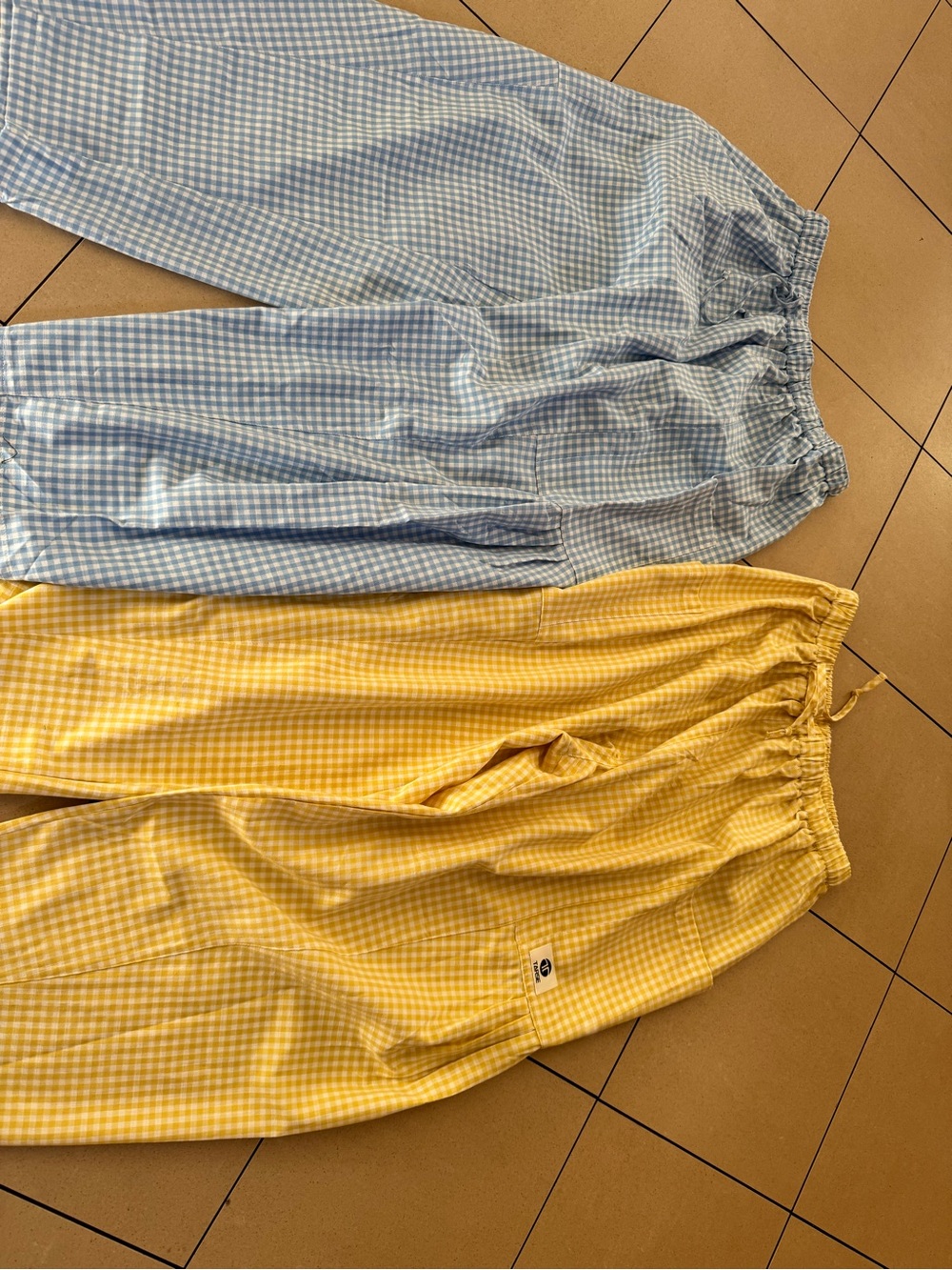 Gingham Drawstring barrel style pants - Light Blue and Yellow (2 pair) - Picture 3 of 7